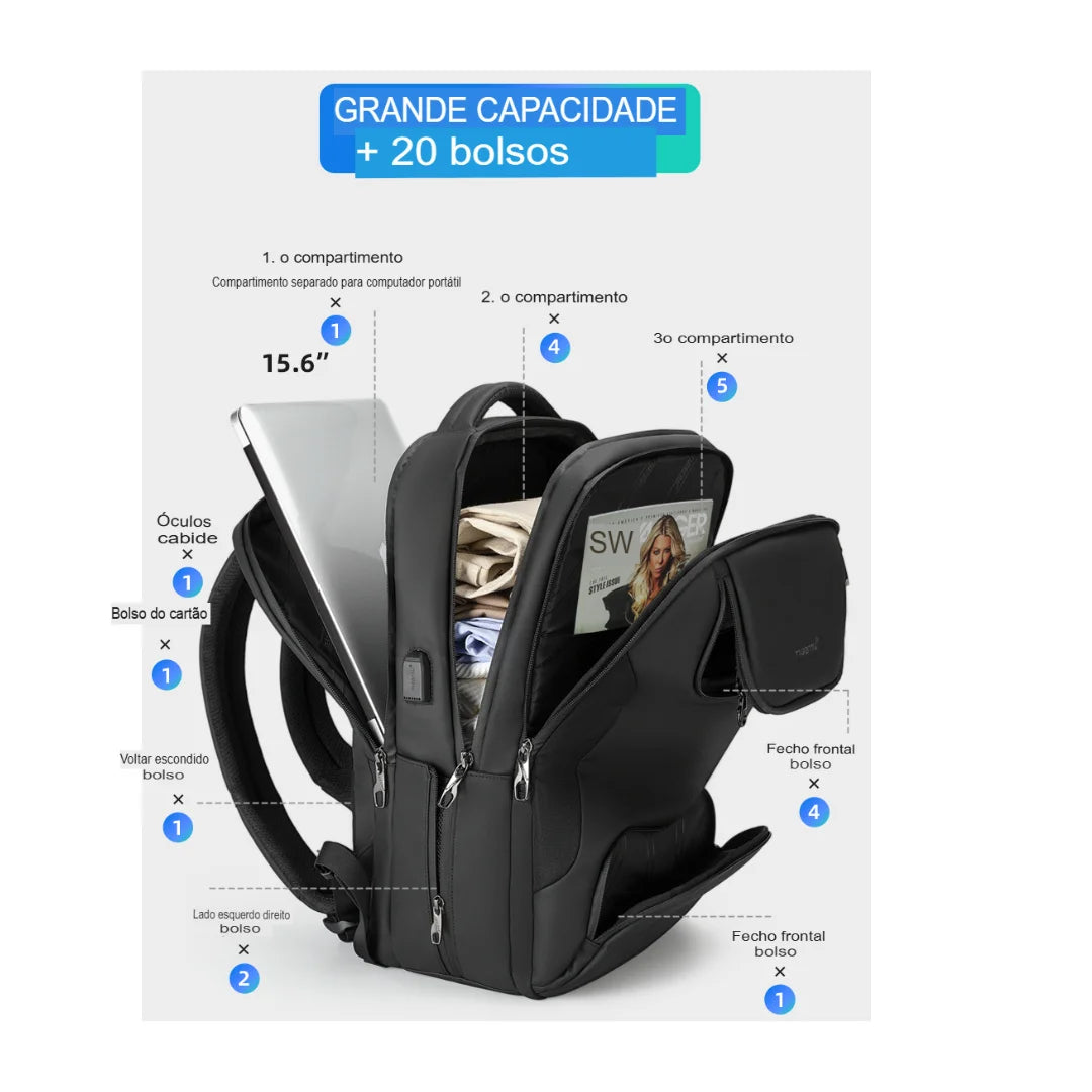 Mochila para Viagem Multi Bolsos e USB Impermeável Turim