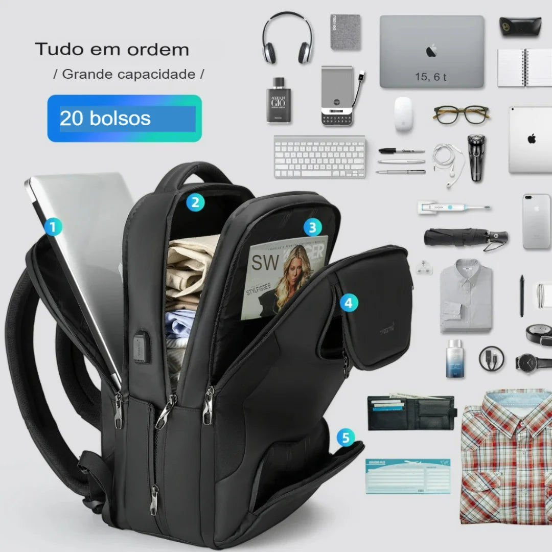 Mochila para Viagem Multi Bolsos e USB Impermeável Turim
