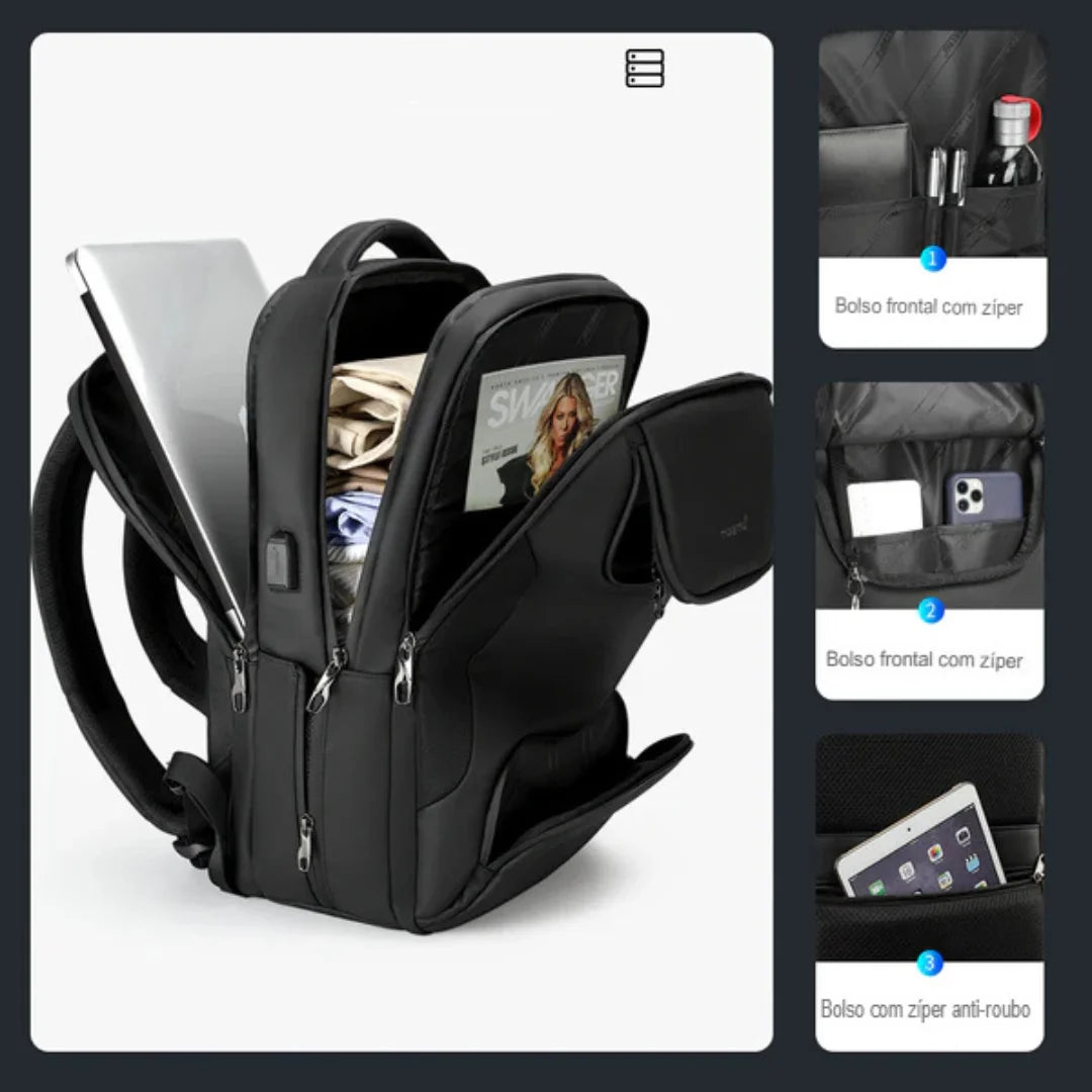 Mochila para Viagem Multi Bolsos e USB Impermeável Turim