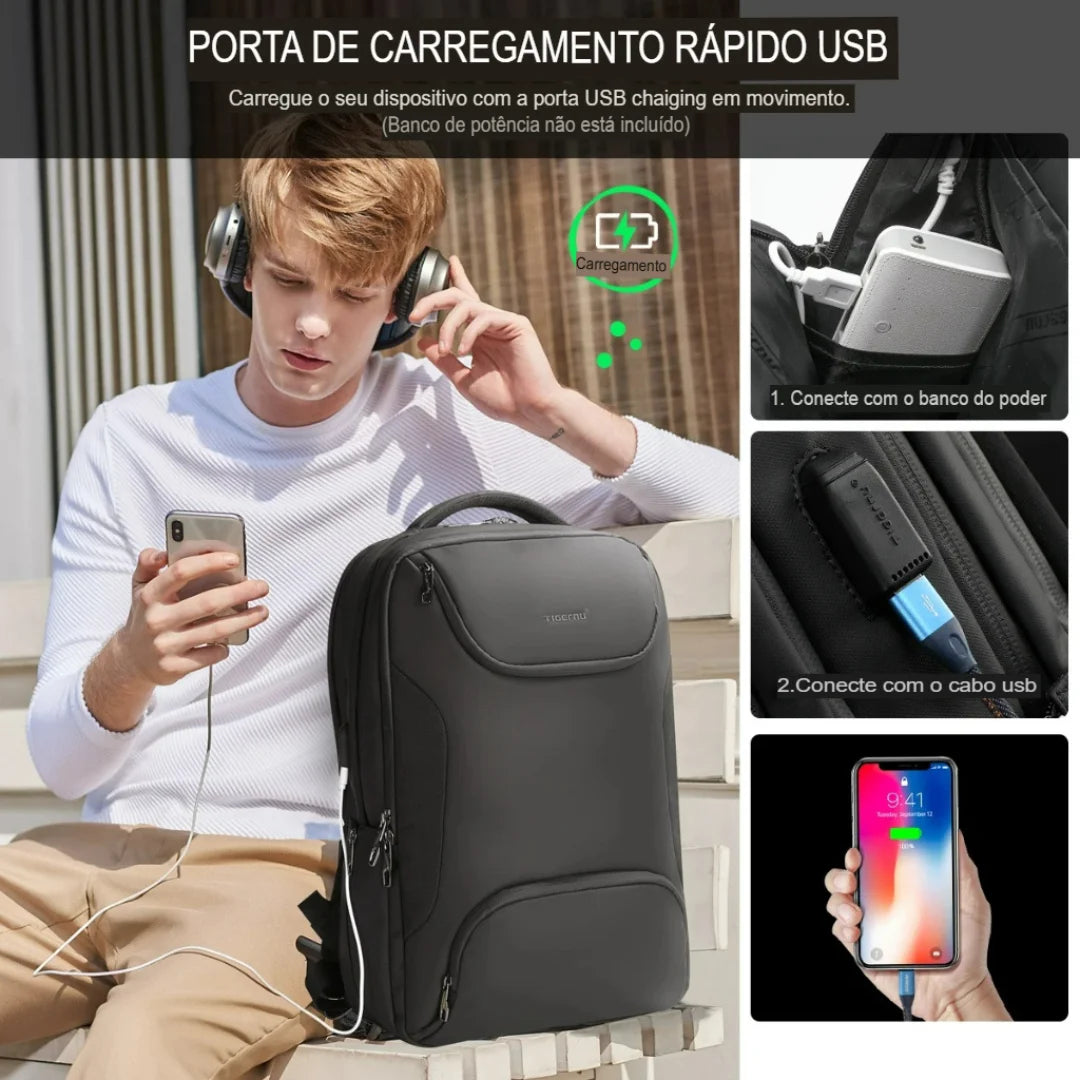 Mochila para Viagem Multi Bolsos e USB Impermeável Turim